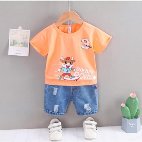 Children Cotton Out Clothes Summer Baby Boys Cartoon Dinosaur T Shirt Denim Short Jeans 2Pcs/Sets Infant Kids Toddler Tracksuits