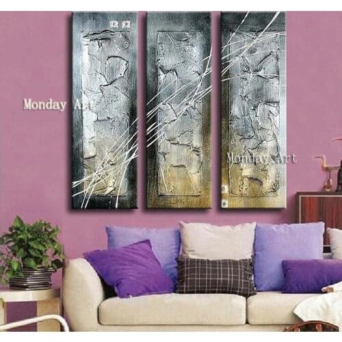 Home Decoration 3 Piece/set 100% Hand Painted Thick black silver abstract Canvas Oil Painting Wall Art Pictures for Living Room