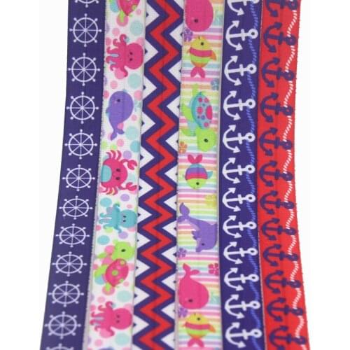 DHK 5/8'' 50yards navy anchor fish sea printed Fold Elastic FOE stretch ribbon hairbow headwear headband DIY OEM S1340