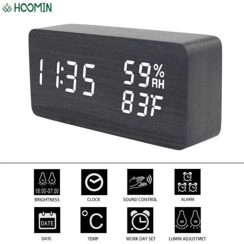Electronic Desktop Clocks USB/AAA Powered Voice Control LED Wooden Clock Temperature and Humidity Display Bedside