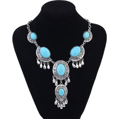 Ethnic Style Silver Plated Alloy Stackable Green Turquoises Stone Pendant Link Chain Necklace Geometric Jewelry