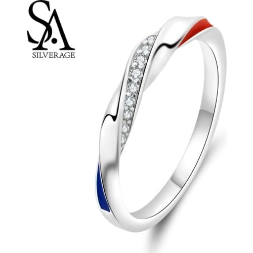 SA SILVERAGE Sterling Silver Double Color Red Blue 2019 Zircon Europa Lovers Ring Couples Ring Sterling Silver Fashion Jewelry