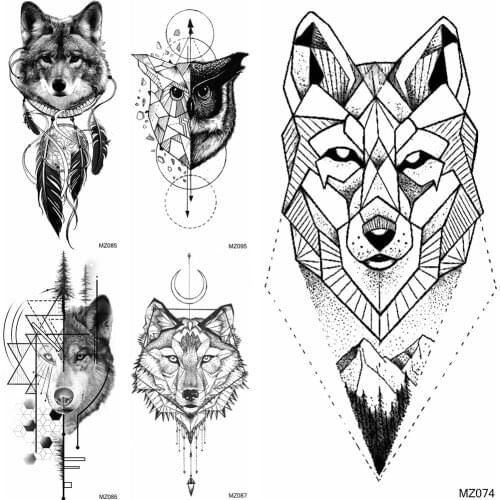 Forest Realistic Wolf Temporary Tattoos Women Arm Tattoo Kids Tribal Coyote Design Fake Tattoo Owl Waterproof Geometric Tatoos