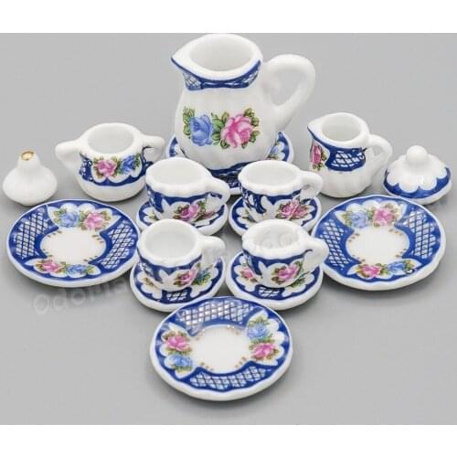 Odoria 1:12 Miniature 15PCS Porcelain Tea Cup Set Blue Tableware Teapot Teaware Kettle Kitchen Dollhouse Accessories Decoration