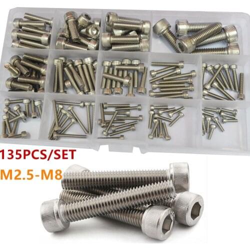 135Pcs/Set M2.5-M8 Cup Head Hexagon Socket Screw Set 304 Stainless Steel Cylinder Head Screw Bolt Set Box
