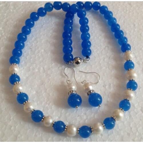 New hotWhite Akoya Cultured Pearl/Blue Jade Round Beads necklace earrings Set