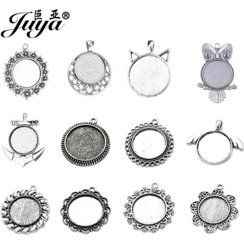 JUYA 10PCS Cabochon Pendant Base Setting 25mm Designs Alloy Blank Cameo Bezel Tray DIY Resin Jewelry Making Necklace Accessories