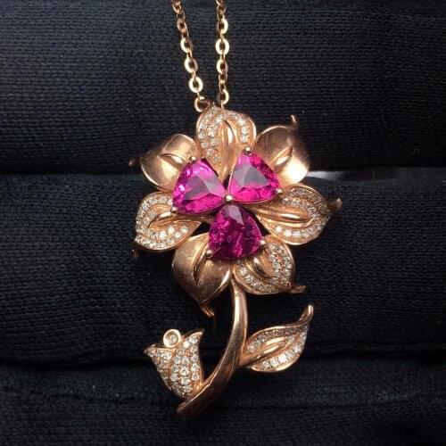 Fine Jewelry Real 18K Gold AU750 Flower Natural 100% Tourmaline Pendant 2.3ct Diamond Pendant Gemstone Necklaces for Women