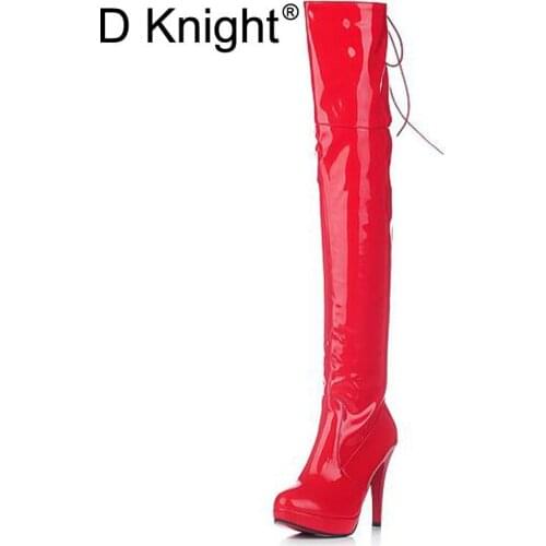 Sexy Patent Leather Thin Heels Women Over The Knee Boots Ladies Platform High Heels Pole Dancing Boots Women Thigh High Boots