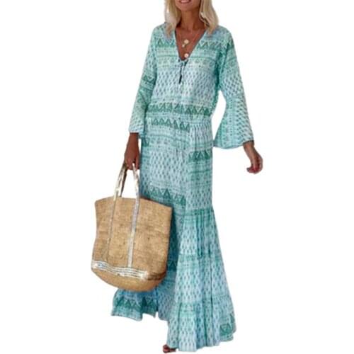 Summer Women Dress Geometric Print Flare Sleeve Bandage V Neck Ruffled Hem Bohemian Spring Dress Beachwear Vestidos
