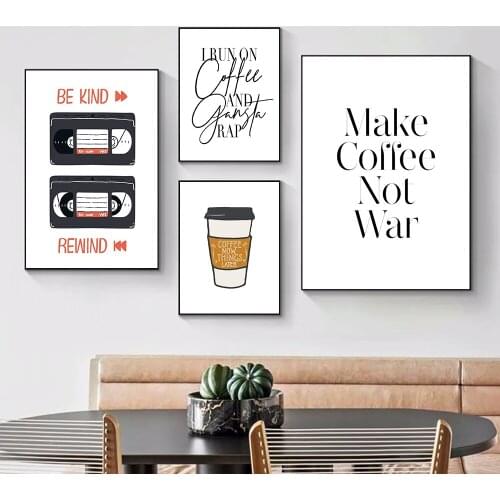 Simplicity Quote Coffee Poster Prints Cup Radio Canvas Painting Make Coffee Not War Picture Tearoom Leisure Area Wall Art Decor