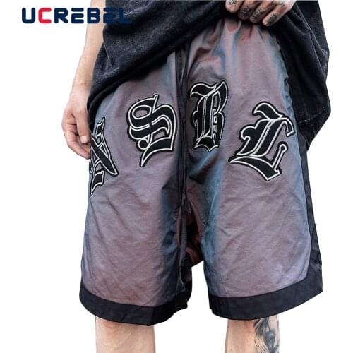 Letter Embroidery Casual Shorts Mens High Street Hip-hop Contrast Paneled Half Pants Elastic Waist Loose Knee-length Shorts Men
