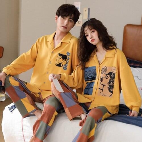 Spring Autumn Couples Pajamas 100% Cotton Plus Size Two-Piece Leisure Concise Long Sleeves Homewear Suit Female Male Sleepwear