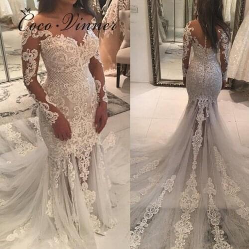 Vintage Illusion back Beautiful Lace Wedding Dress Mermaid 2021 full Sleeves Embroidery Dubai Quality Wedding Bride Dress W0563
