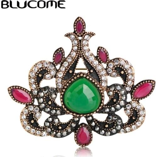 Blucome Special Vintage Women Party Clothes Dress Brooches Green Red Flower Shape Resin Crystals Scarf Hair Pins Accessories