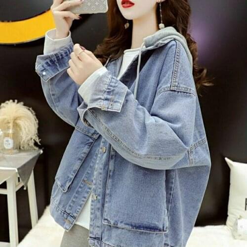Spring Autumn Splice Hooded Cowboy Coat Loose Oversized Long Sleeve Korean Denim Jacket Tops Womens New Student Retro Chaqueta