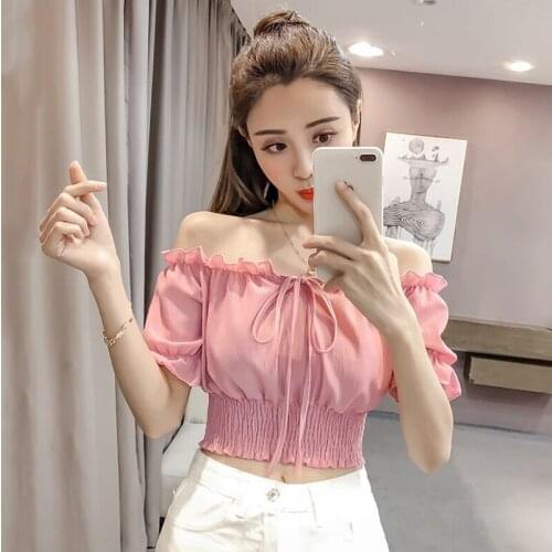 Blusas Mujer De Moda Designer Moda Camisas Summer Sexy Chiffon Blouse Women Crop Top Club Shirts Slash Neck Lady Vetement Femme