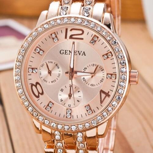 Famous Brand Crystal Geneva Casual Quartz rose gold Watch Women Stainless Steel Dress Watches Relogio Feminino Clock reloj mujer