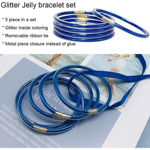 Blue Color All Weather Bangle Glitter Filled Stardust Circle Women Bowknot Jelly Bangles Bracelet Femme Jewelry 5 Pcs/Set