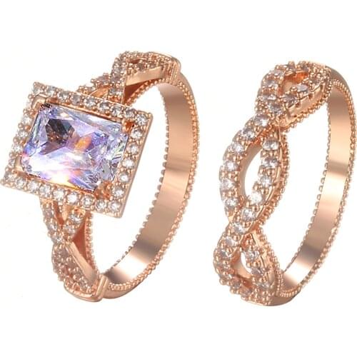 Women Ring Gold Plated Geometric Square Cubic Zirconia Ring Banquet Couple Wedding Set Ring Give Girlfriend Gift Fashion Jewelry