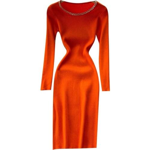 2021 Autumn And Winter Womens Knitted Casual Dress Round Neck Long Sleeve Slim Mid-length Dress Tght Stretch Dress