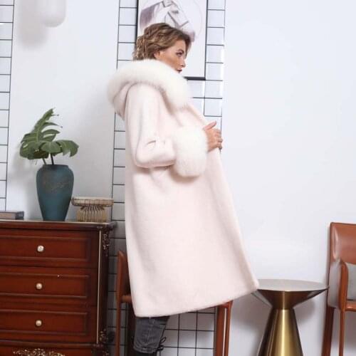 Winter Cuff Wool Hooded Cashmere Coat Warm Casual Woman Overcoat Fox Fur Collar Granular Sheep Shearing Coat