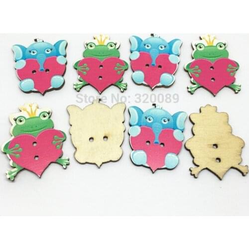 100pcs Large Wooden Sewing Buttons Scrapbooking Frog Elephant With Heart Pattern 35mm