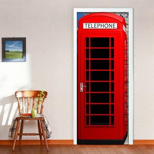 3D Door Sticker Red Telephone Booth Poster Mural Home Decoration PVC Self-adhesive Waterproof Wallpaper For Kids Room Bedroom