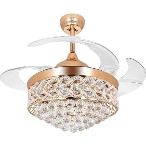 42 Inch Invisible Crystal Ceiling Fans with LED Light and Remote Control,Indoor Ceiling Light with 4 Retractable ABS Blades Fans