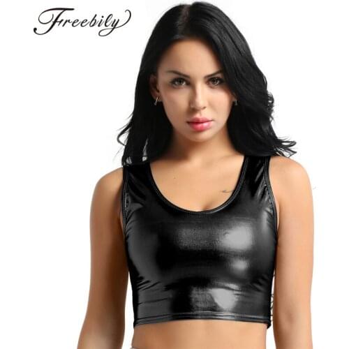 Shiny Women Metallic Rave Dance Festival Clubwear Crop Tank Tops Short Vest Summer Sleeveless Scoop Neck Holographic Top
