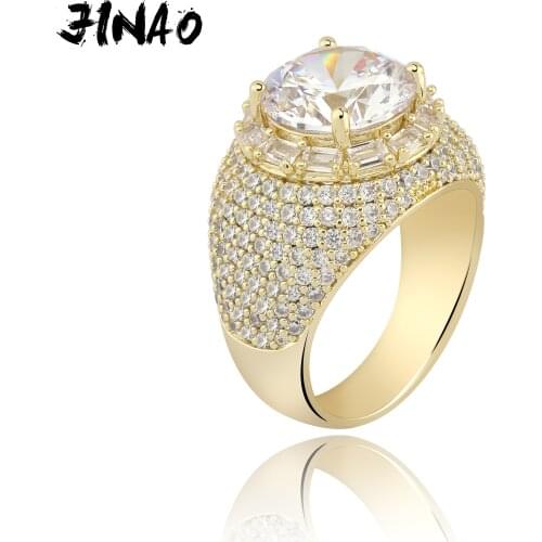 JINAO Hip Hop Big Round Zircon with Micro Paved Gold Silver Color Bling Iced Out Cubic Zircon Ring Luxury Jewelry Gift