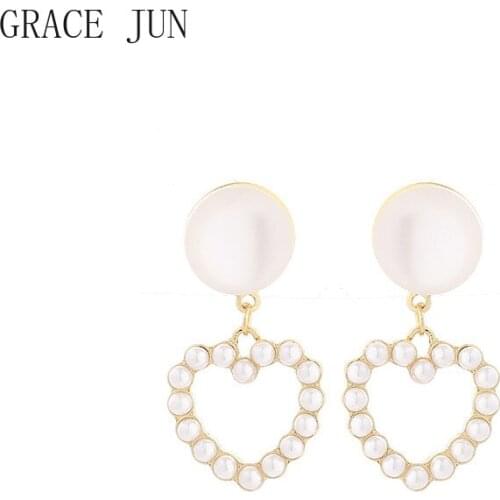 GRACE JUN High Quality Gold Color Clip on Earrings Cute Opal Pearl Statement Screw Heart Shape No Pierced Cuff Earrings Ear Clip