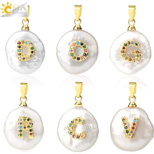 CSJA Natural Pearl Pendants for Necklace Rhinestone 26 Letters Initial Alphabet Charms CZ Pave Pendant DIY Jewelry Making G683
