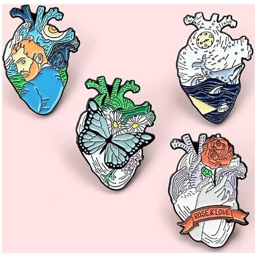 Heart Enamel Pins Van Gogh Butterfly Whale Feminism Brooches Fashion Badges Gifts for Friends Lapel Pin Jewelry Wholesale