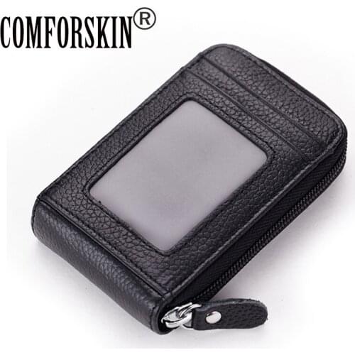 COMFORSKIN Organ Style Credit Card Holders Slim Zipper Card Case with ID Window Premium Genuine Leather 2017 Card Wallets Purse