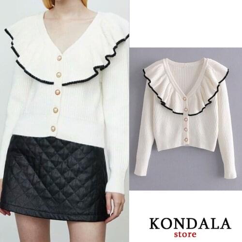 KONDALA Womens Cardigans Za Office Lady Ruffles V-Neck Winter Long Sleeve Sweaters Mujer Single Breasted Beige Mujer Outwear