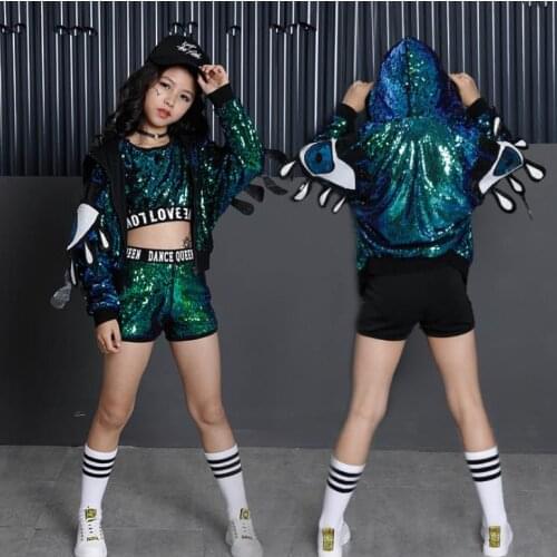 Children Girl hip Hop Jazz Costume Modern Ballroom Dance Wear Clothing Kids Sequined Sports Clothes For Girls 4 6 8 12 Years Old