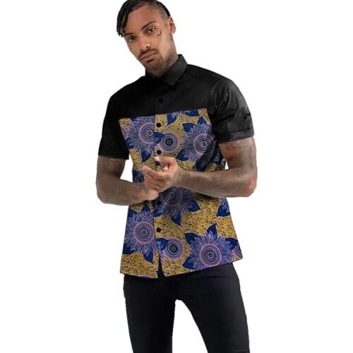 Nigerian Fashion Patchwork Shirts Men Short Sleeve Dashiki Tops Custom Made African Wedding Clothing
