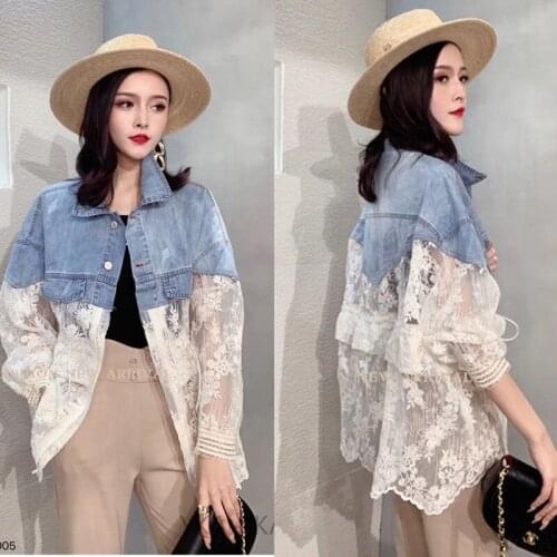 2021 Spring and Autumn Fashion New Short Lapel Long Sleeve Denim Stitching Lace Loose Large Size Sunscreen Clothing Womens H372