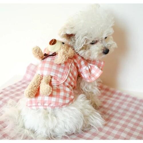 Cat Dog Pet Clothes for Small Medium Dog Cute Teddy Bear Shirt Summer Puppy Plaid Tshirt with Bow Pocket Chihuahua Costume