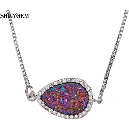 ShinyGem Water Drop Crystal Pendant Necklace Peacock Eye Colorful Druzy Natural Stone Necklace Silver Plated Necklaces For Women