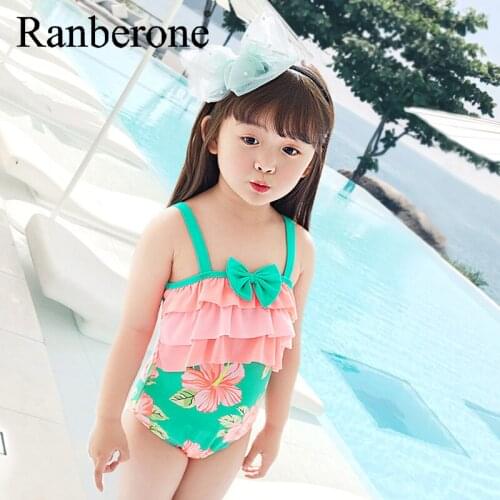 Ranberone One Piece Childrens Swimsuit Green Bowknot Printing Bikini Cute Girl Floral Print Swimwear Sling Baby Beach Suit 2021