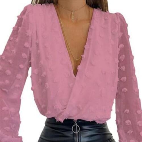 Sexy Deep V Neck Women Shirts Jacquard Elegant Long Sleeve Fashion Female Chic Shirt Dot Solid Color Female Blouses