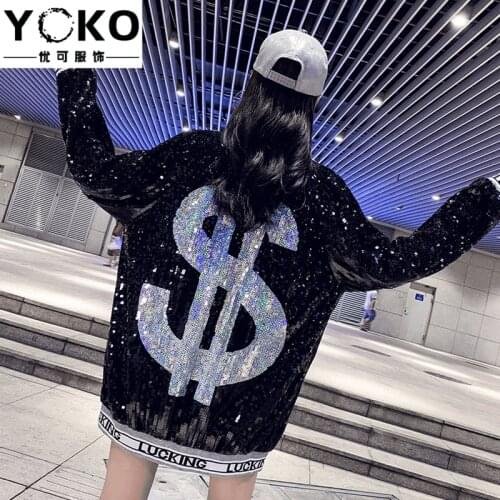 YOKO female shining sequin performance costumes jazz dance hip-hop dollar sequin jacket long-sleeved loose sports jacket plus