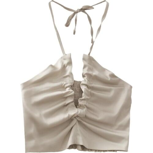 2021 Summer Womens Design Sense Halter Neck Short Fold Slim Small Camisole All-match Tube Top Solid Color Womens Blouse Strap