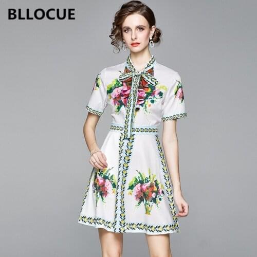 BLLOCUE High Quality Summer Floral Print Runway Dresses Women Short Sleeve Bow Tied Neck Ruffle High Waist A-Line Party Dress
