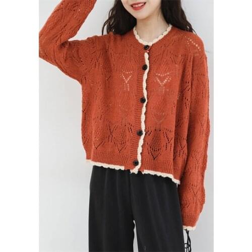 Summer Spring Women Orange Cardigan O-Neck Hollow Out Button Long Sleeve Loose Sweaters School Girl Sweet Casual kawaii clothes