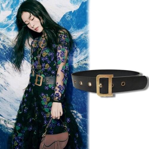 AWAYTR New Belt For Women Metal D Buckle Black Wide Belt Decorative Waistband Adjustable Golden Buckle Star Same Style