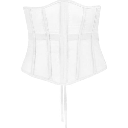 Women Sexy See-Through Mesh Underbust Corset Top Crisscross Lace-Up Bandage Bustier Slimming Waist Belt Cincher Body Shaper Club