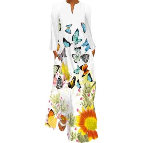 Lady Dress 2021 Long Sleeve Bohemian Style Butterfly Floral Print Long Sleeve Casual Dress for Stage Show